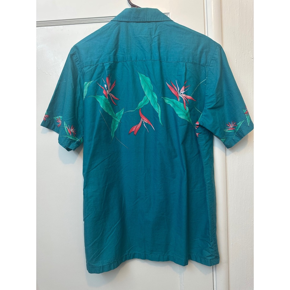VTG Paradise Found Men Teal Bird of Paradise Floral Aloha Hawaiian Shirt Green L - Picture 3 of 4